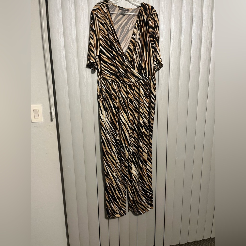 Black, tan, and brown striped jumpsuit
